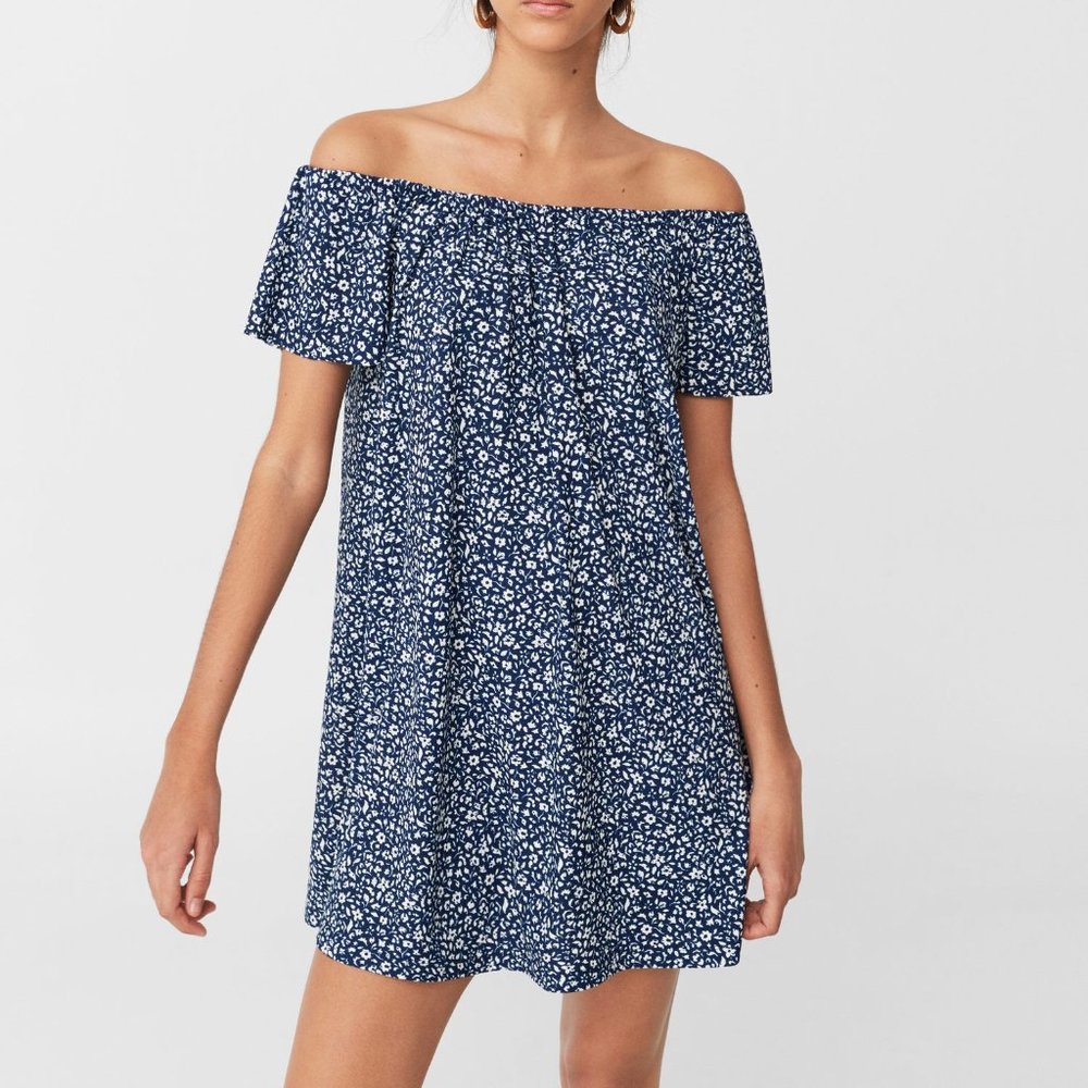Mango basics navy + white off the shoulder dress